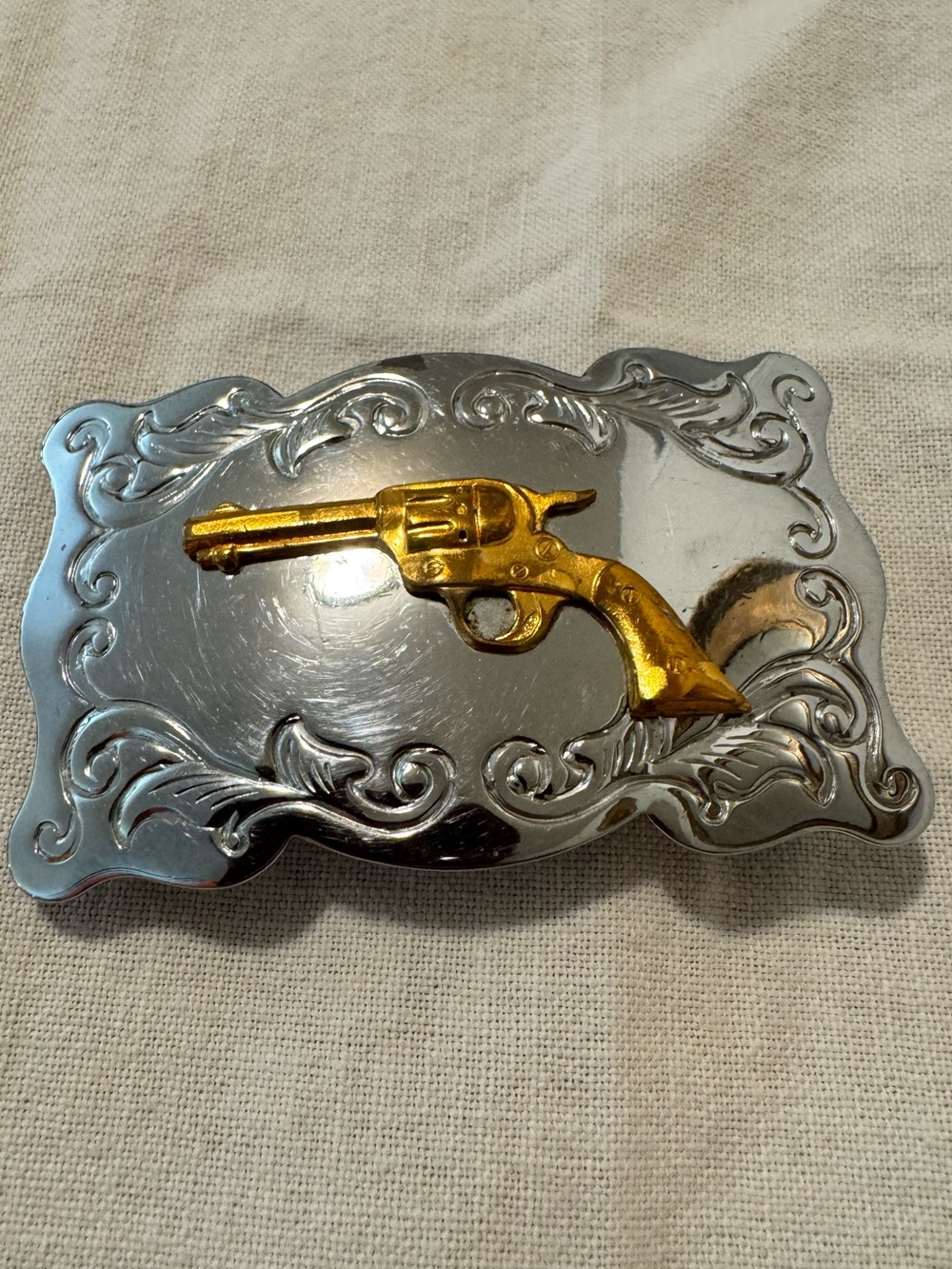 Vintage Chambers Belt Co. Western Buckle Gold Silver Tone Pistol Gun Emblem USA